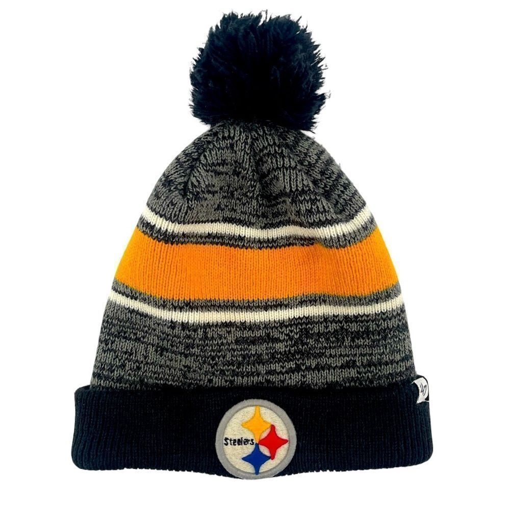 NFL x ‘47 Brand Kid’s Pittsburgh Steelers Black Gold Knit Pom Pom Beanie Hat OS